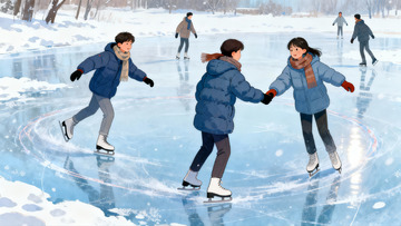 冬日雪地冰场情侣牵手滑冰