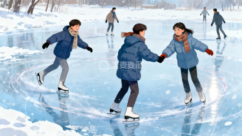 高清大图下载【趣麦麦图】冬日雪地冰场情侣牵手滑冰