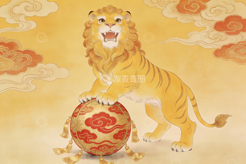 高清大图下载【趣麦麦图】金色老虎踩球祥云环绕