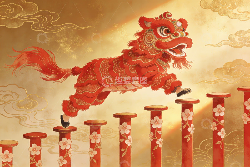 高清大图下载【趣麦麦图】红色舞狮跃过花柱祥云背景