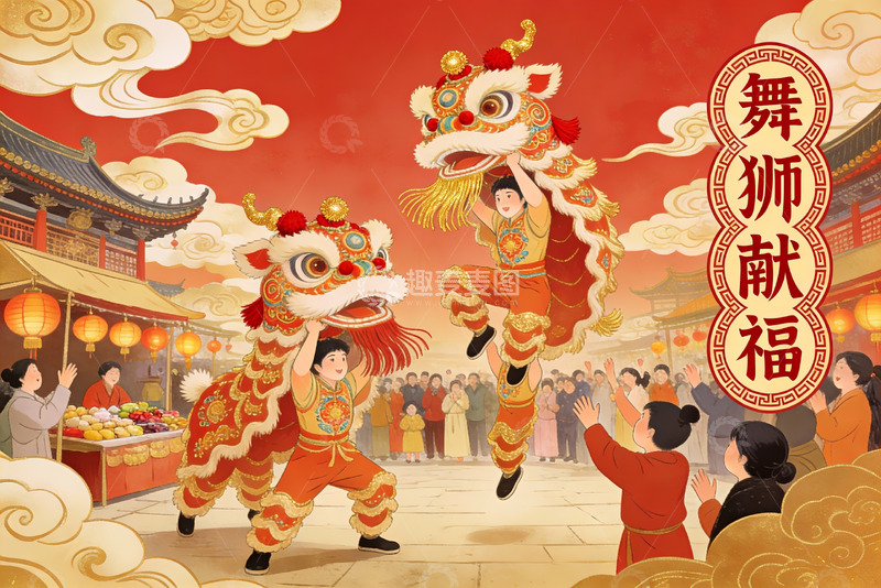 高清大图下载【趣麦麦图】舞狮表演热闹非凡