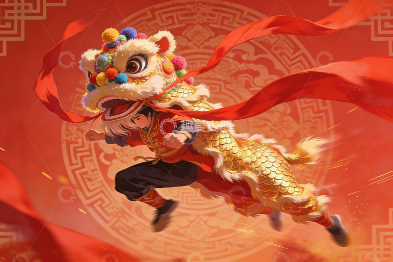 高清大图下载【趣麦麦图】舞狮表演动态瞬间