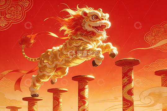 金色舞狮跃柱迎新春
