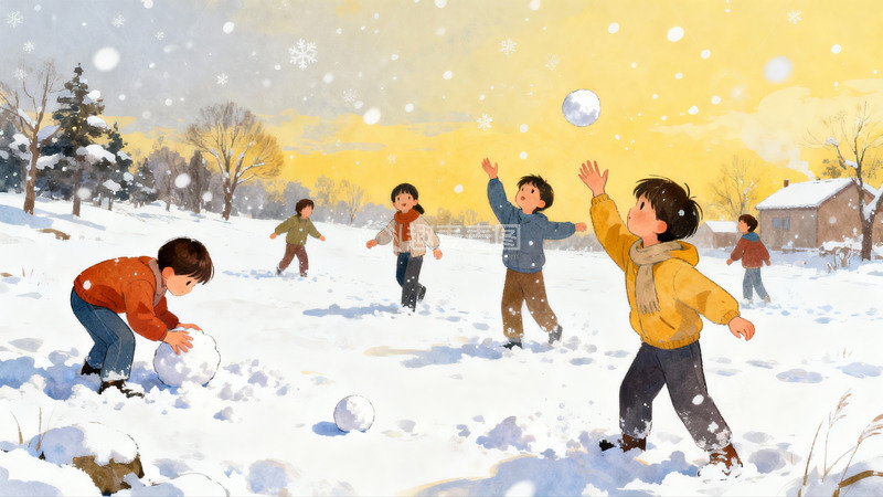 高清大图下载【趣麦麦图】孩童雪地打雪仗欢乐场景
