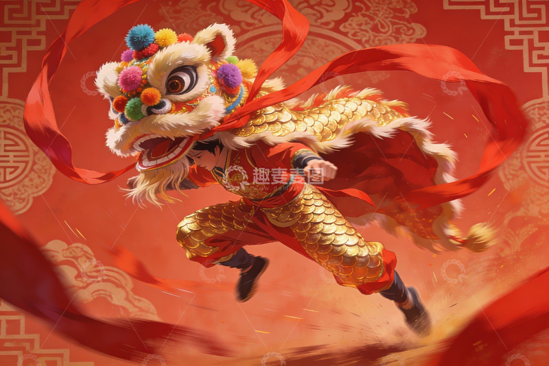 高清大图下载【趣麦麦图】舞狮表演生动场景