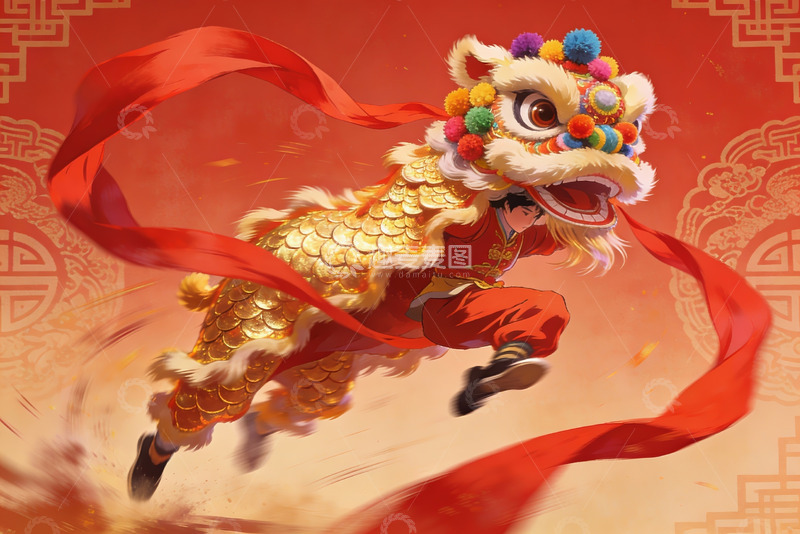 高清大图下载【趣麦麦图】舞狮少年跃动瞬间