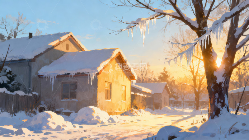 高清大图下载【趣麦麦图】冬日雪景房屋与冰挂