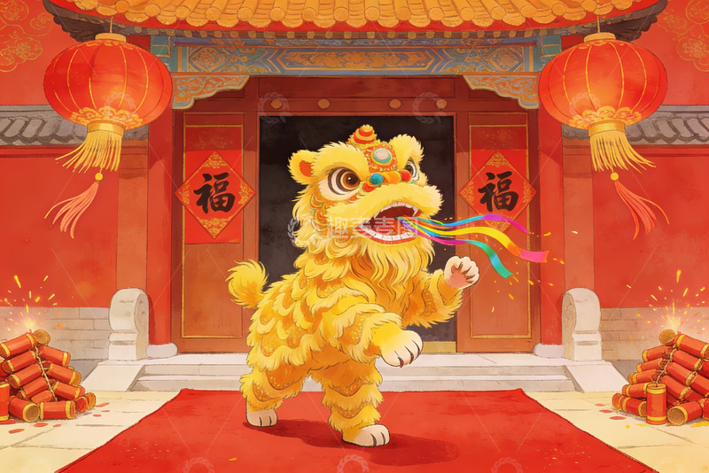 高清大图下载【趣麦麦图】-春节舞狮迎祥图