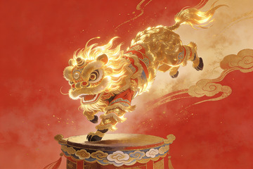 金色舞狮跃鼓之上