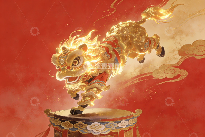 高清大图下载【趣麦麦图】金色舞狮跃鼓之上