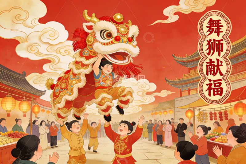 高清大图下载【趣麦麦图】舞狮表演热闹非凡