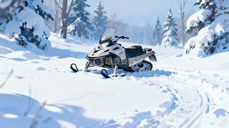 高清大图下载【趣麦麦图】雪地摩托静停林间雪道