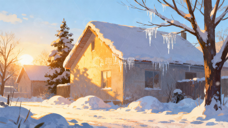 高清大图下载【趣麦麦图】雪后小屋晨光图