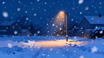 雪夜街灯下的宁静雪景