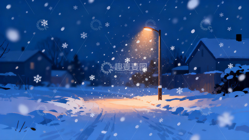 高清大图下载【趣麦麦图】雪夜街灯下的宁静雪景