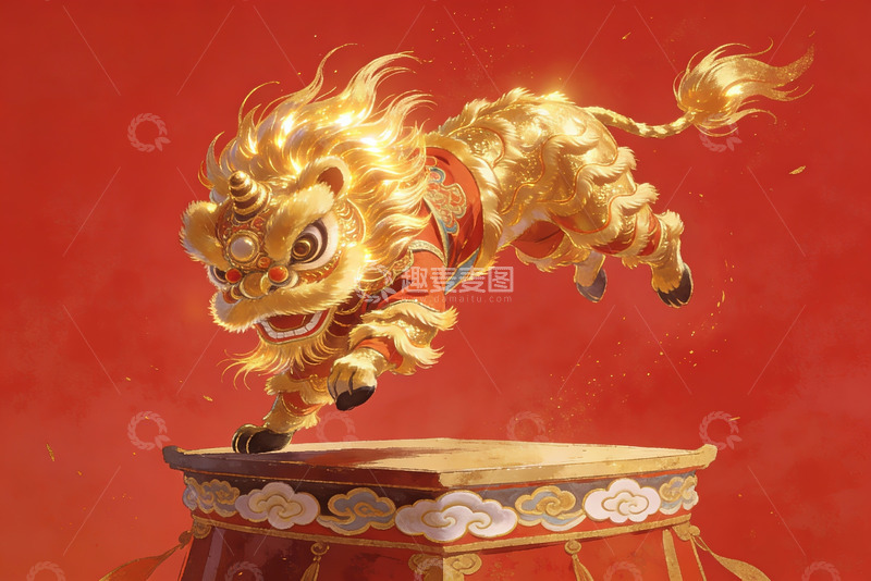 高清大图下载【趣麦麦图】金色舞狮跃于鼓上