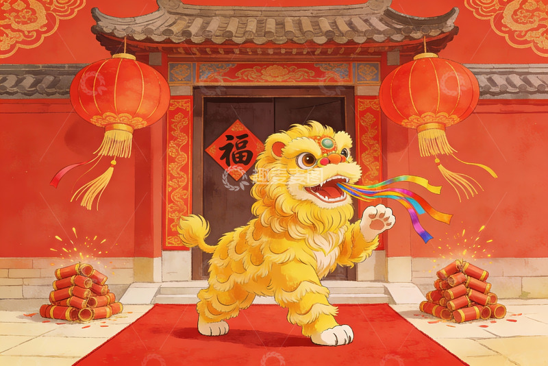 高清大图下载【趣麦麦图】春节舞狮迎福场景