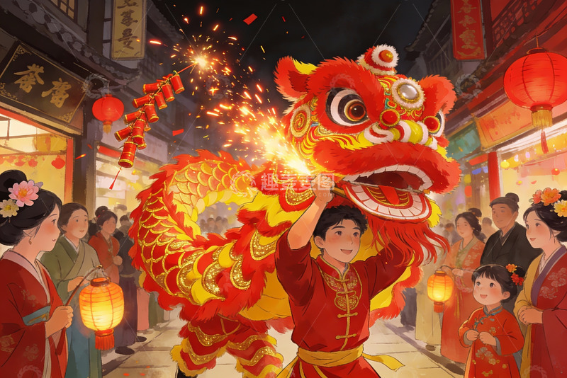 高清大图下载【趣麦麦图】春节舞狮热闹街景