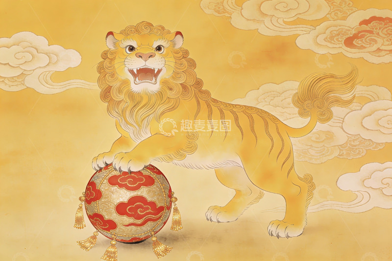 高清大图下载【趣麦麦图】金色瑞兽戏珠图