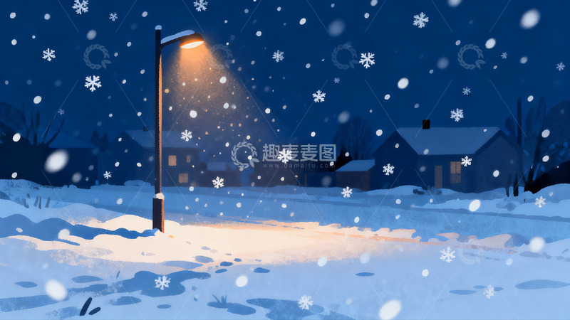 高清大图下载【趣麦麦图】雪夜街灯照亮宁静冬景