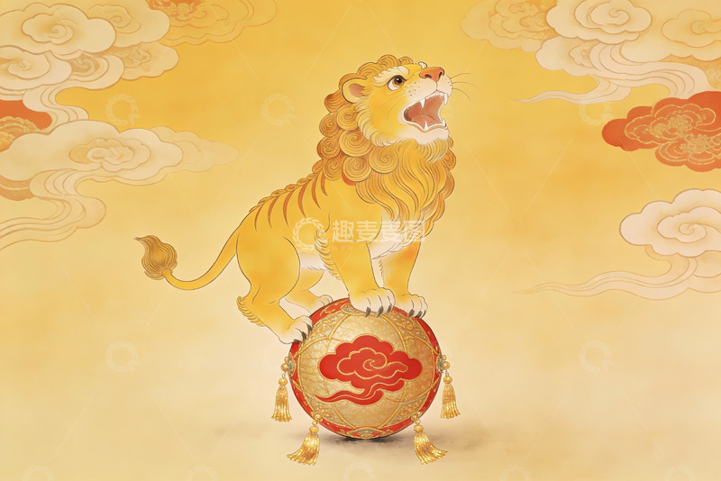 高清大图下载【趣麦麦图】金色狮子踩球祥云环绕