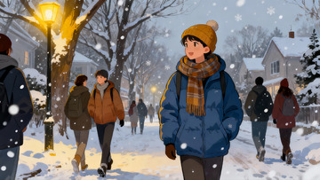 雪夜街头行人漫步