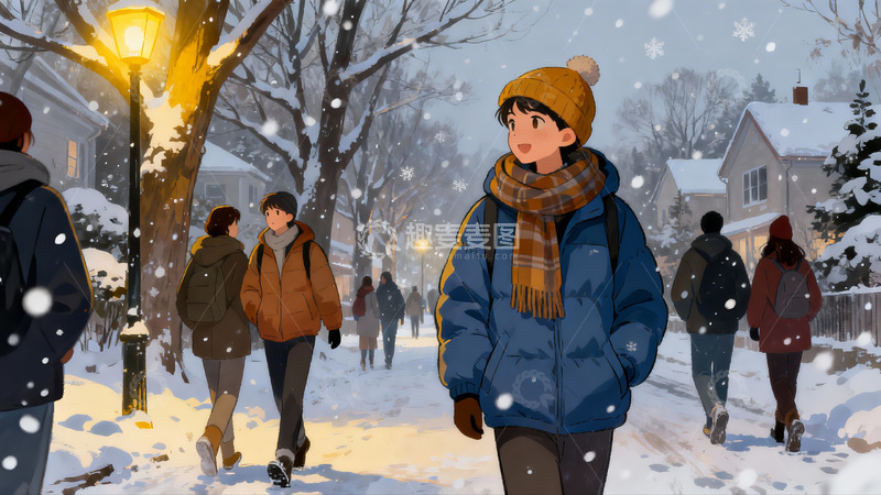 高清大图下载【趣麦麦图】雪夜街头行人漫步