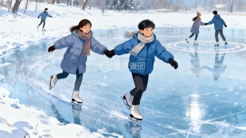 高清大图下载【趣麦麦图】冬日冰场情侣牵手滑冰
