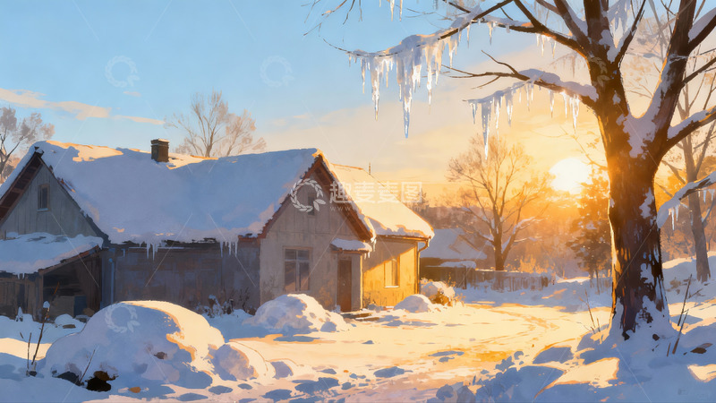 高清大图下载【趣麦麦图】雪后夕阳下的乡村小屋