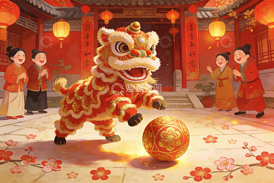 春节舞狮热闹场景