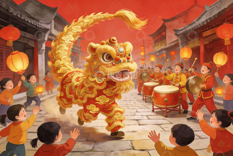 高清大图下载【趣麦麦图】春节舞狮热闹街景