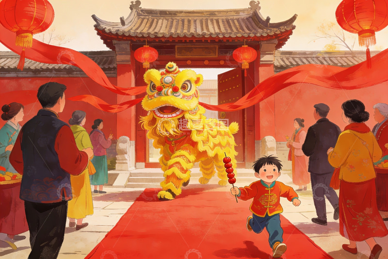 高清大图下载【趣麦麦图】-春节舞狮热闹场景