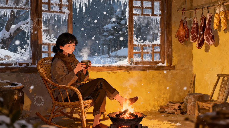 高清大图下载【趣麦麦图】冬日暖屋女子围炉取暖