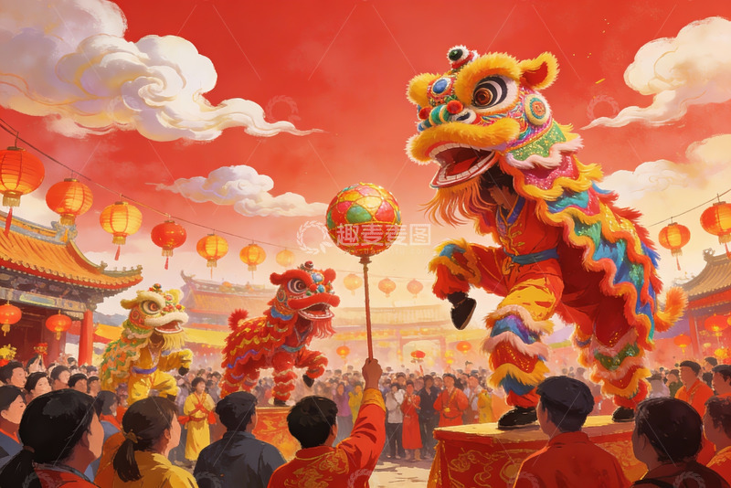 高清大图下载【趣麦麦图】热闹舞狮庆佳节人群欢聚