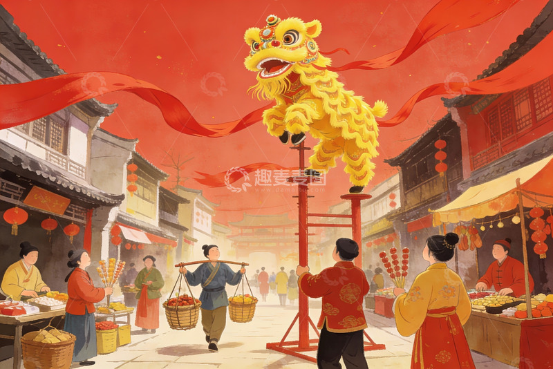 高清大图下载【趣麦麦图】传统舞狮街头热闹场景