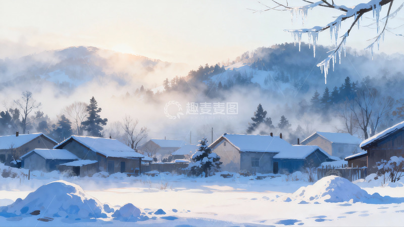 高清大图下载【趣麦麦图】雪后山村晨曦景色