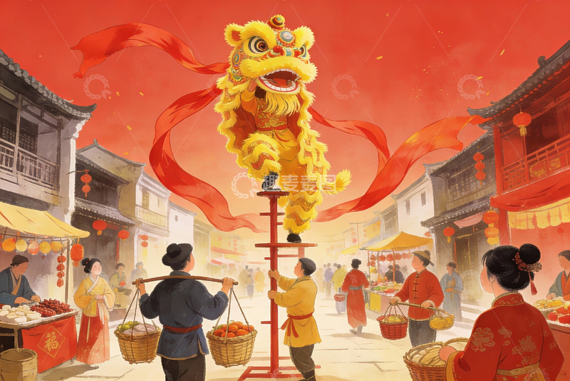 高清大图下载【趣麦麦图】热闹街市舞狮表演