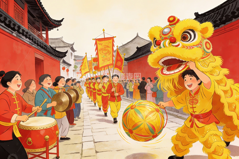 高清大图下载【趣麦麦图】中国传统舞狮庆典街头场景