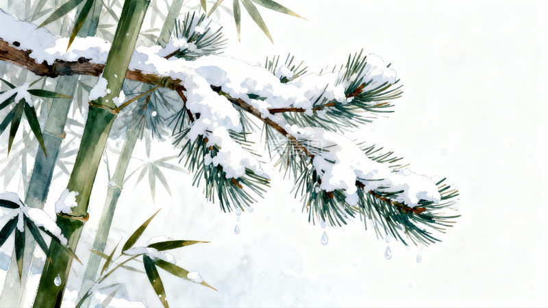 高清大图下载【趣麦麦图】雪覆竹松水墨画