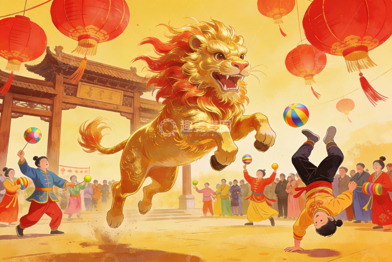 高清大图下载【趣麦麦图】舞狮表演热闹非凡