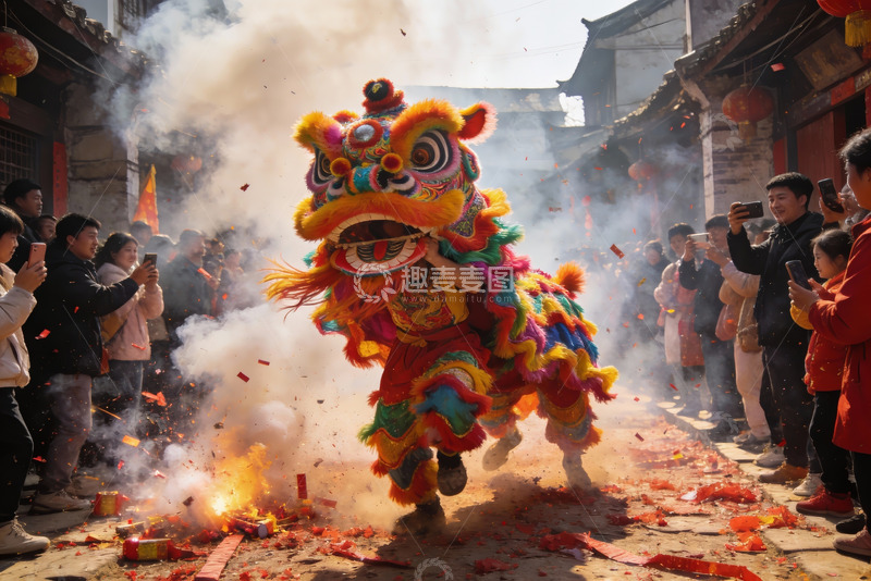 高清大图下载【趣麦麦图】街头舞狮表演热闹非凡
