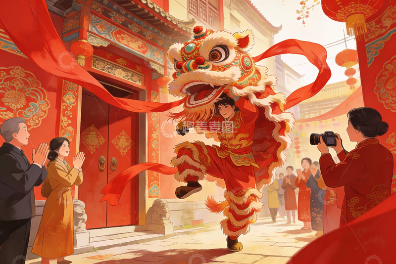 高清大图下载【趣麦麦图】春节舞狮表演热闹非凡