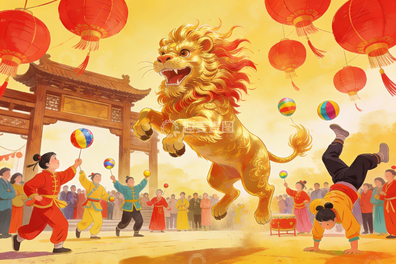 高清大图下载【趣麦麦图】舞狮表演热闹非凡