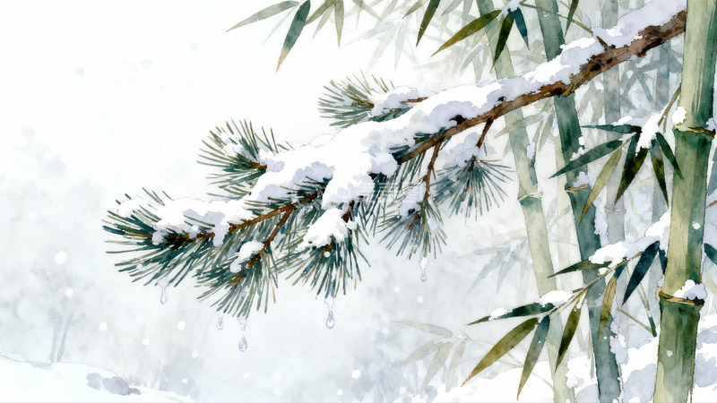 高清大图下载【趣麦麦图】雪覆松竹水墨画