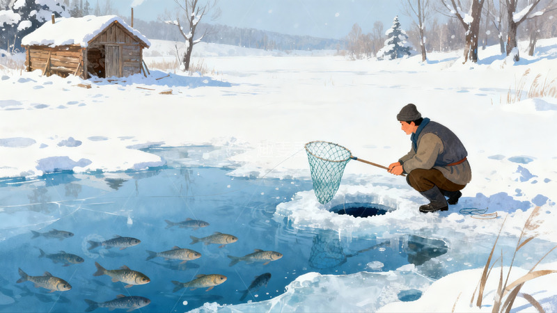 高清大图下载【趣麦麦图】雪地冰钓场景 冬日捕鱼画面