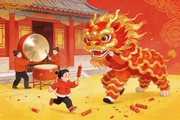 春节舞狮孩童欢庆场景