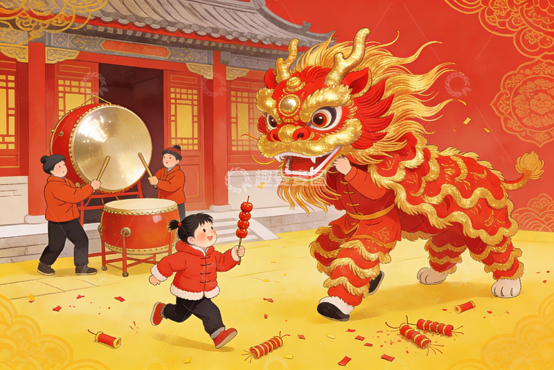 高清大图下载【趣麦麦图】春节舞狮孩童欢庆场景