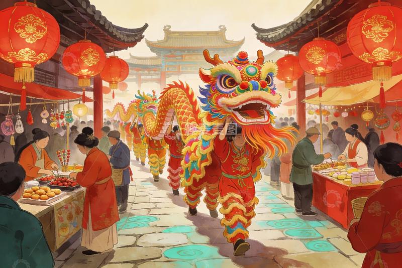 高清大图下载【趣麦麦图】热闹街市舞龙庆佳节