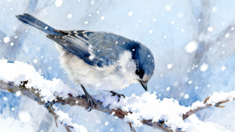 高清大图下载【趣麦麦图】雪中蓝白小鸟栖枝静景