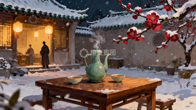 雪夜庭院茶香四溢